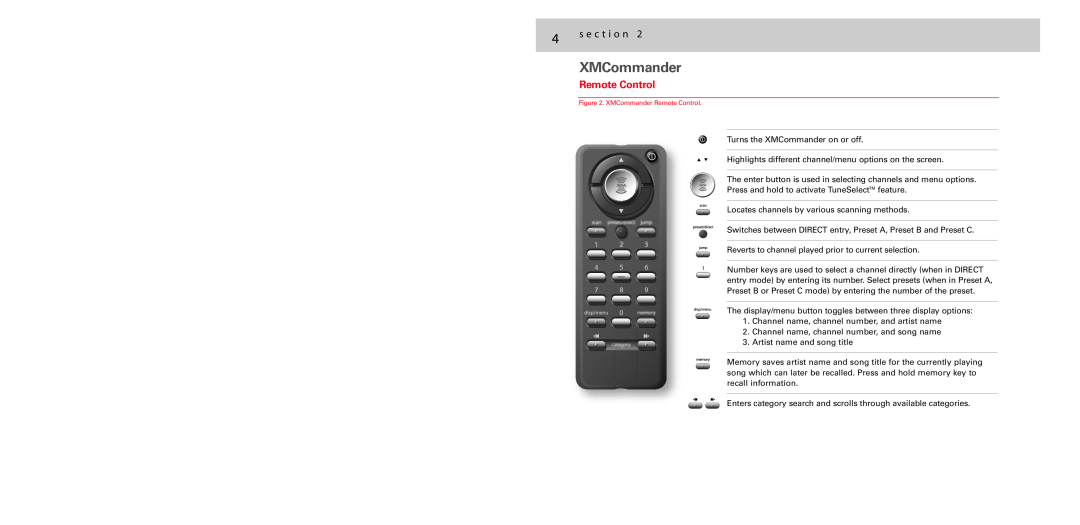 Audiovox XM-RVR-FM-001C user manual s e c t i o n, XMCommander Remote Control 