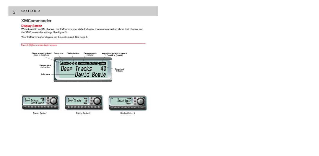 Audiovox XM-RVR-FM-001C Display Screen, s e c t i o n, XMCommander display screens, Display Options, Category search 