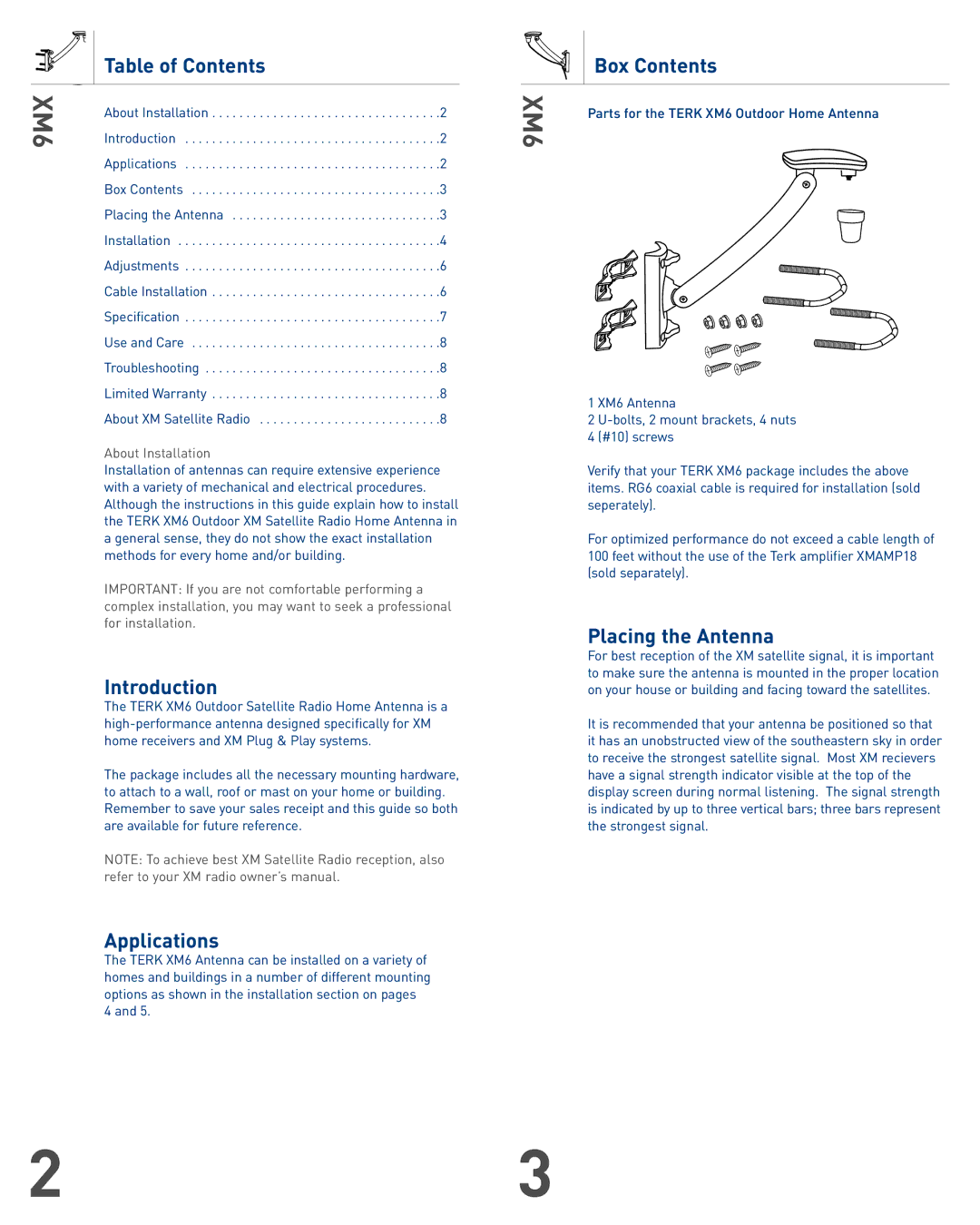 Audiovox XM6 warranty Table of Contents, Introduction, Applications, Box Contents, Placing the Antenna 