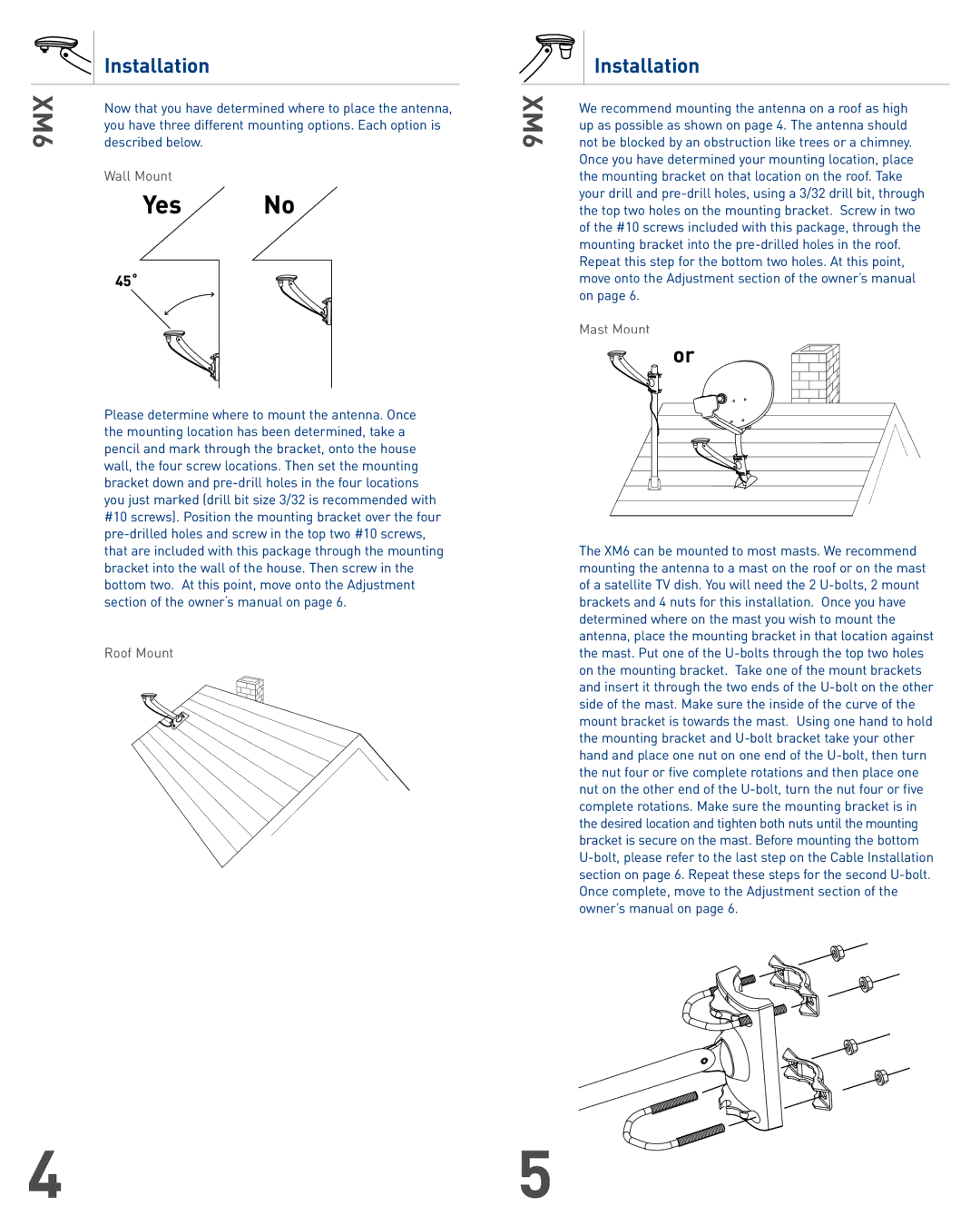 Audiovox XM6 warranty Installation, Wall Mount, Roof Mount, Mast Mount 