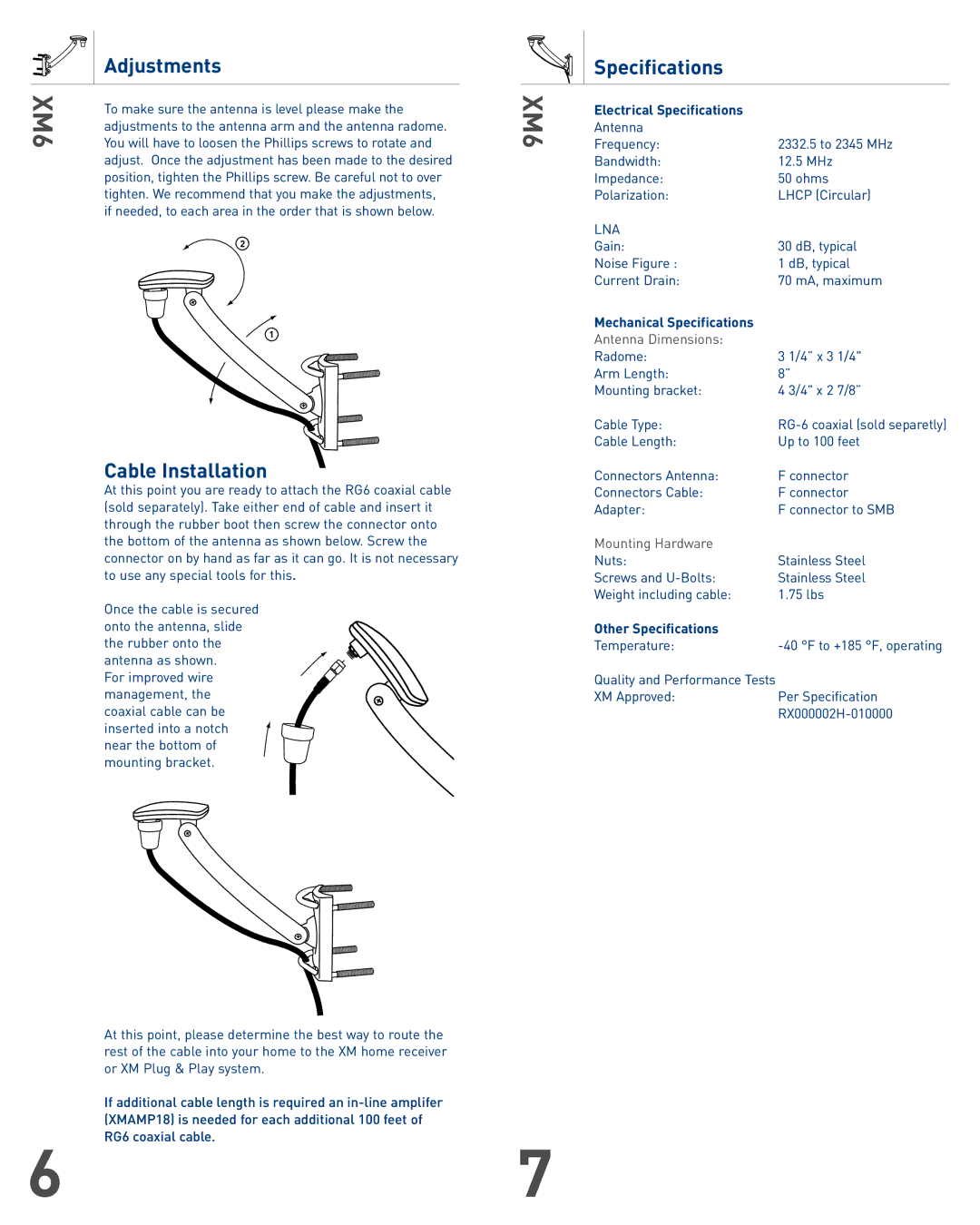 Audiovox XM6 warranty Adjustments, Cable Installation, Specifications, Antenna Dimensions, Mounting Hardware 