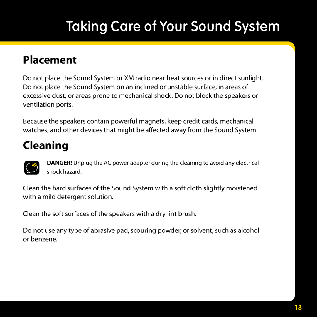 Audiovox XMAS100-UG002 manual Taking Care of Your Sound System, Placement, Cleaning 