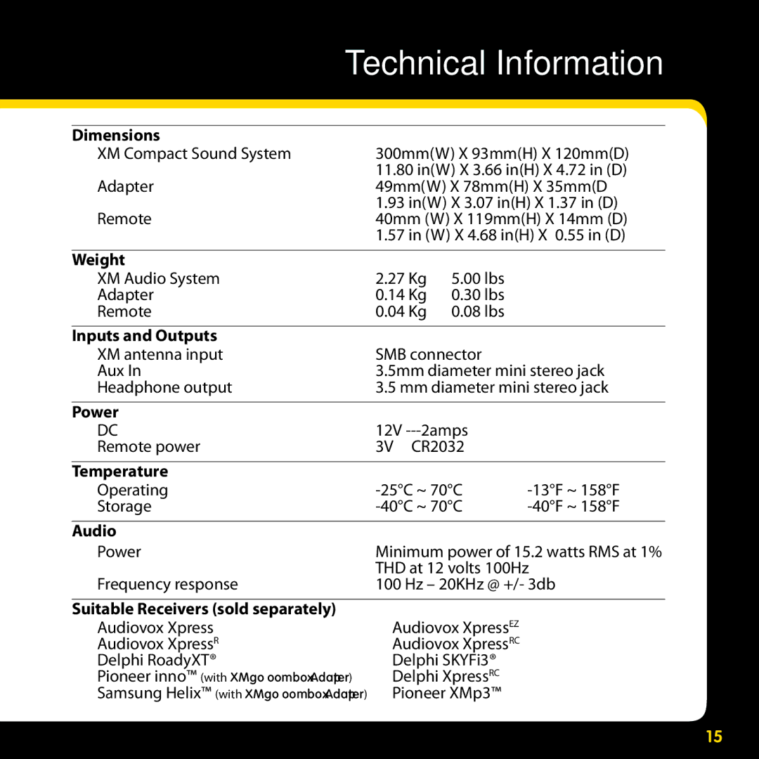 Audiovox XMAS100-UG002 manual Technical Information, Dimensions 