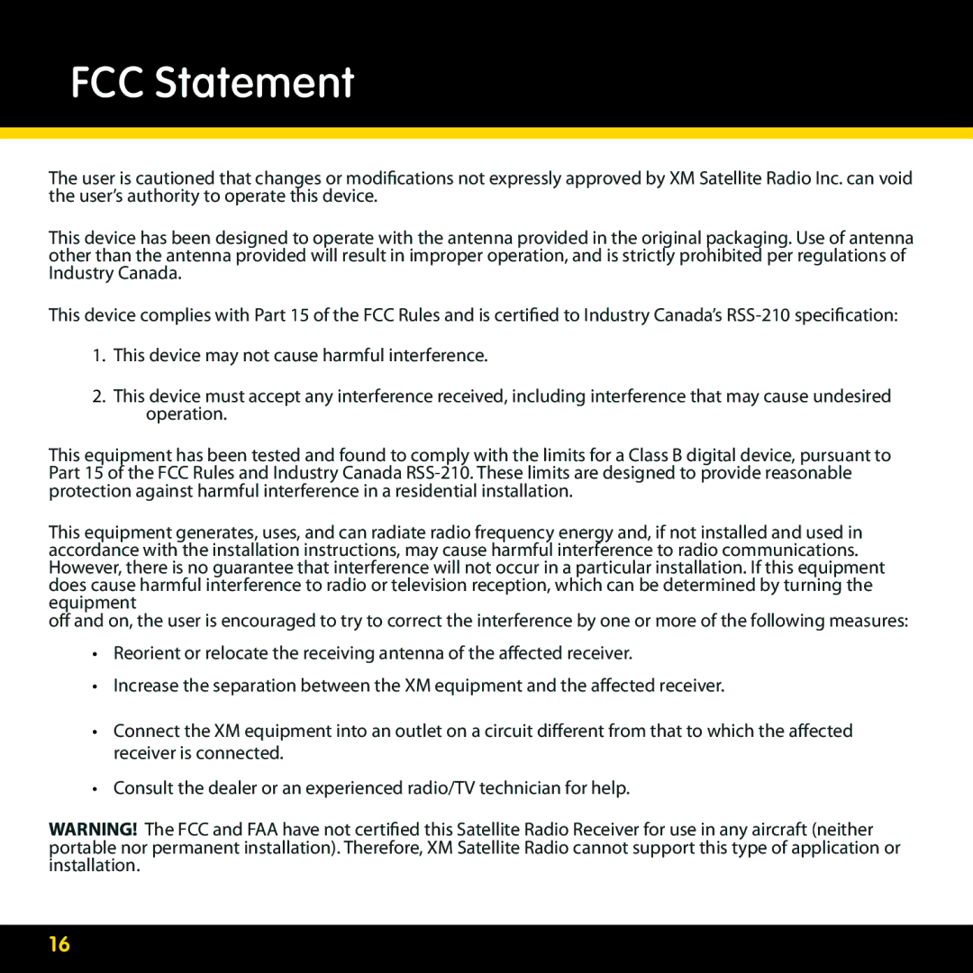 Audiovox XMAS100-UG002 manual FCC Statement 