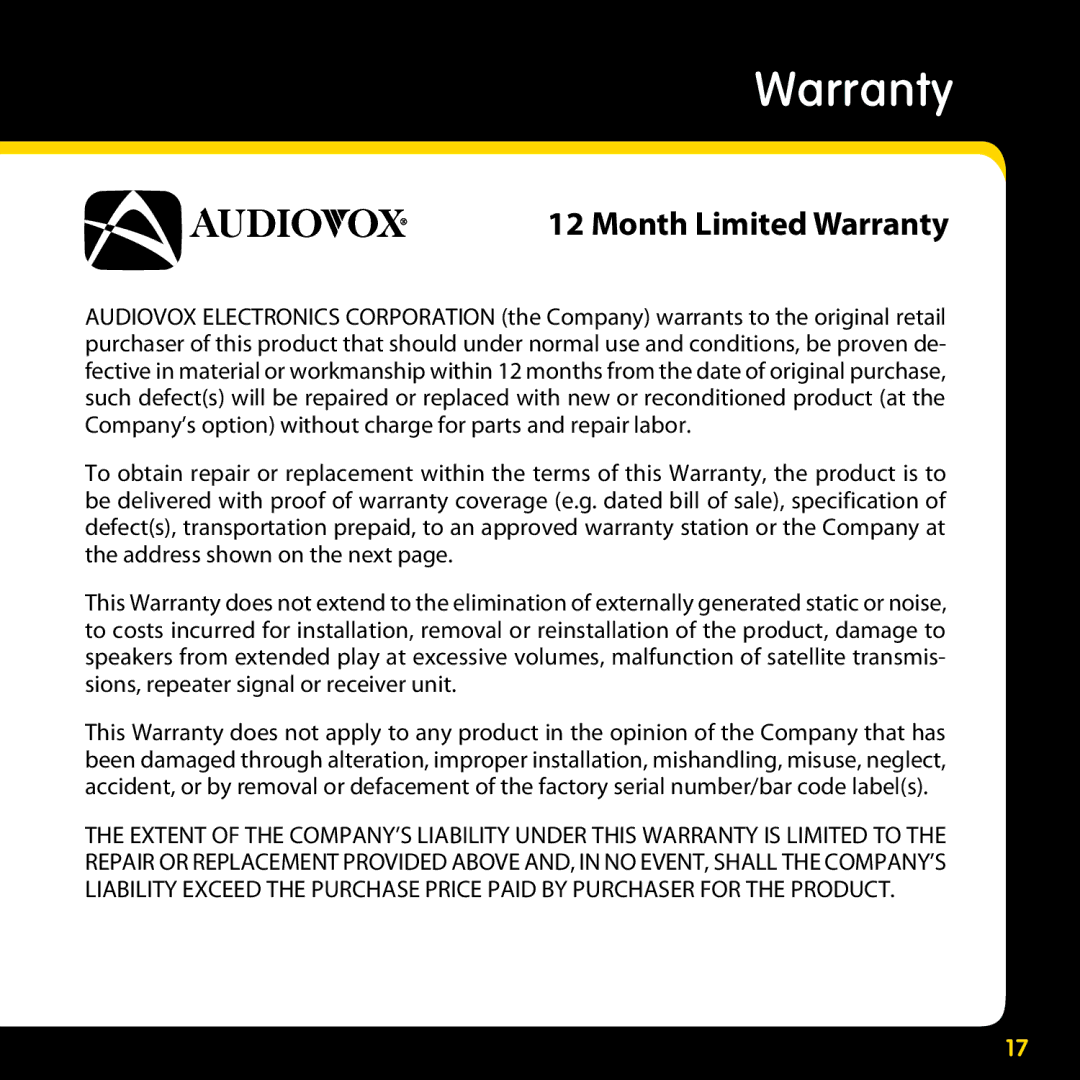 Audiovox XMAS100-UG002 manual Month Limited Warranty 