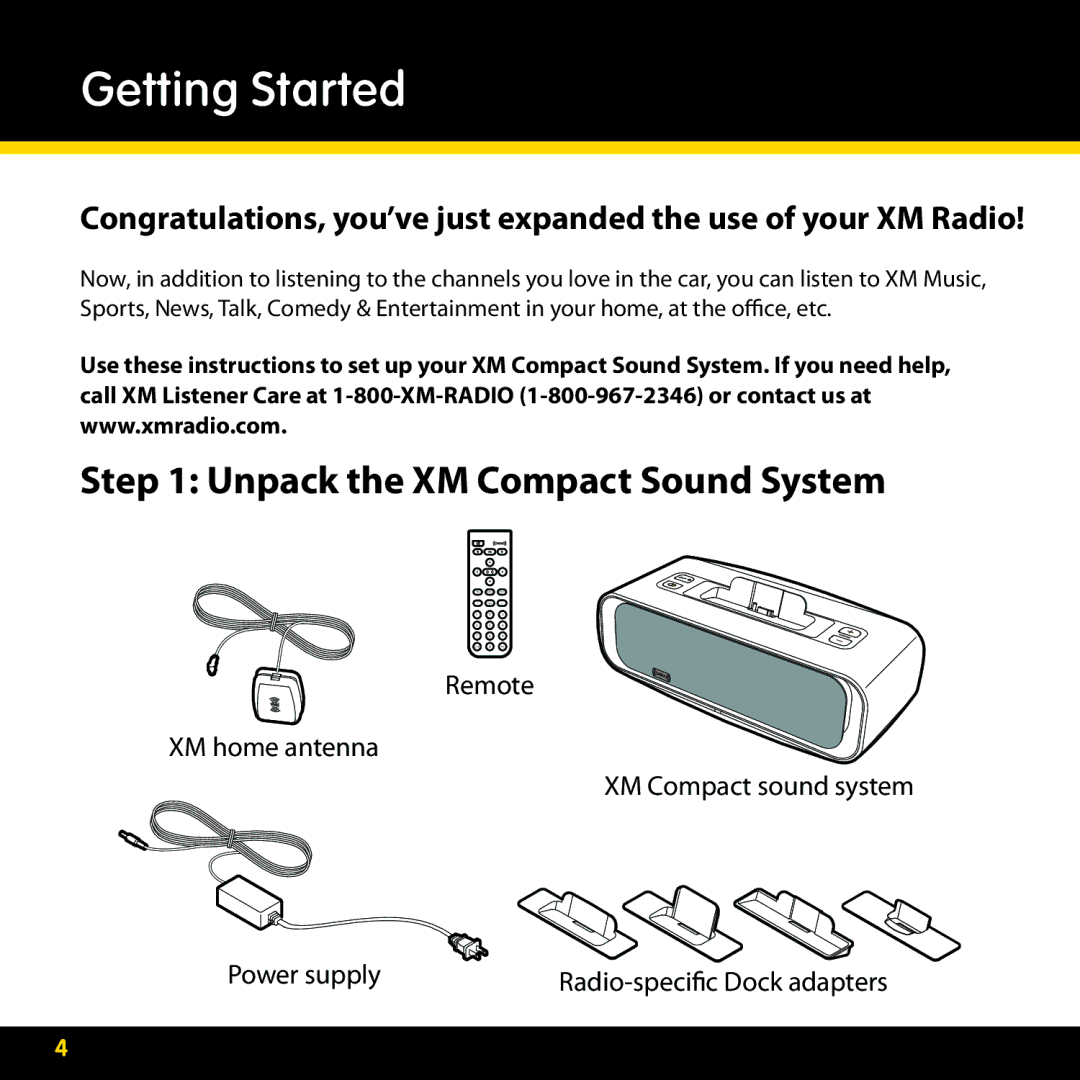 Audiovox XMAS100-UG002 manual Getting Started, Unpack the XM Compact Sound System 