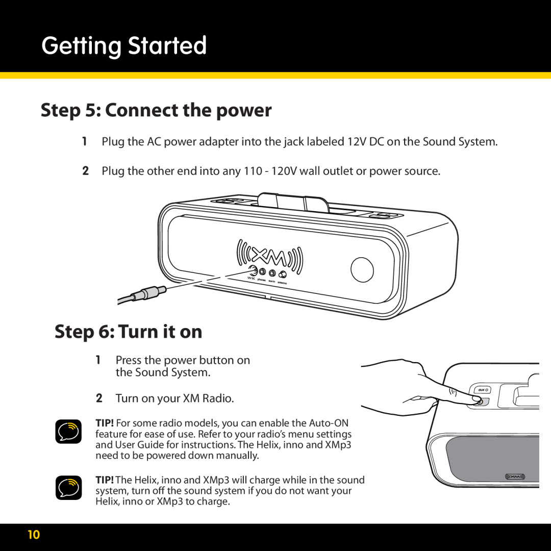 Audiovox XMAS100-UG002 manual Connect the power, Turn it on, Getting Started 