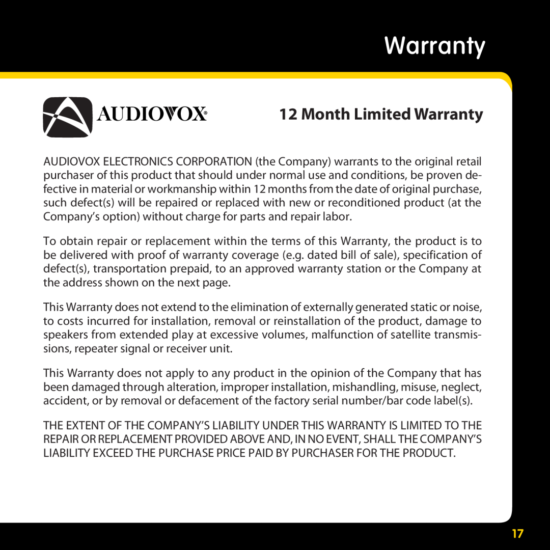 Audiovox XMAS100-UG002 manual Month Limited Warranty 