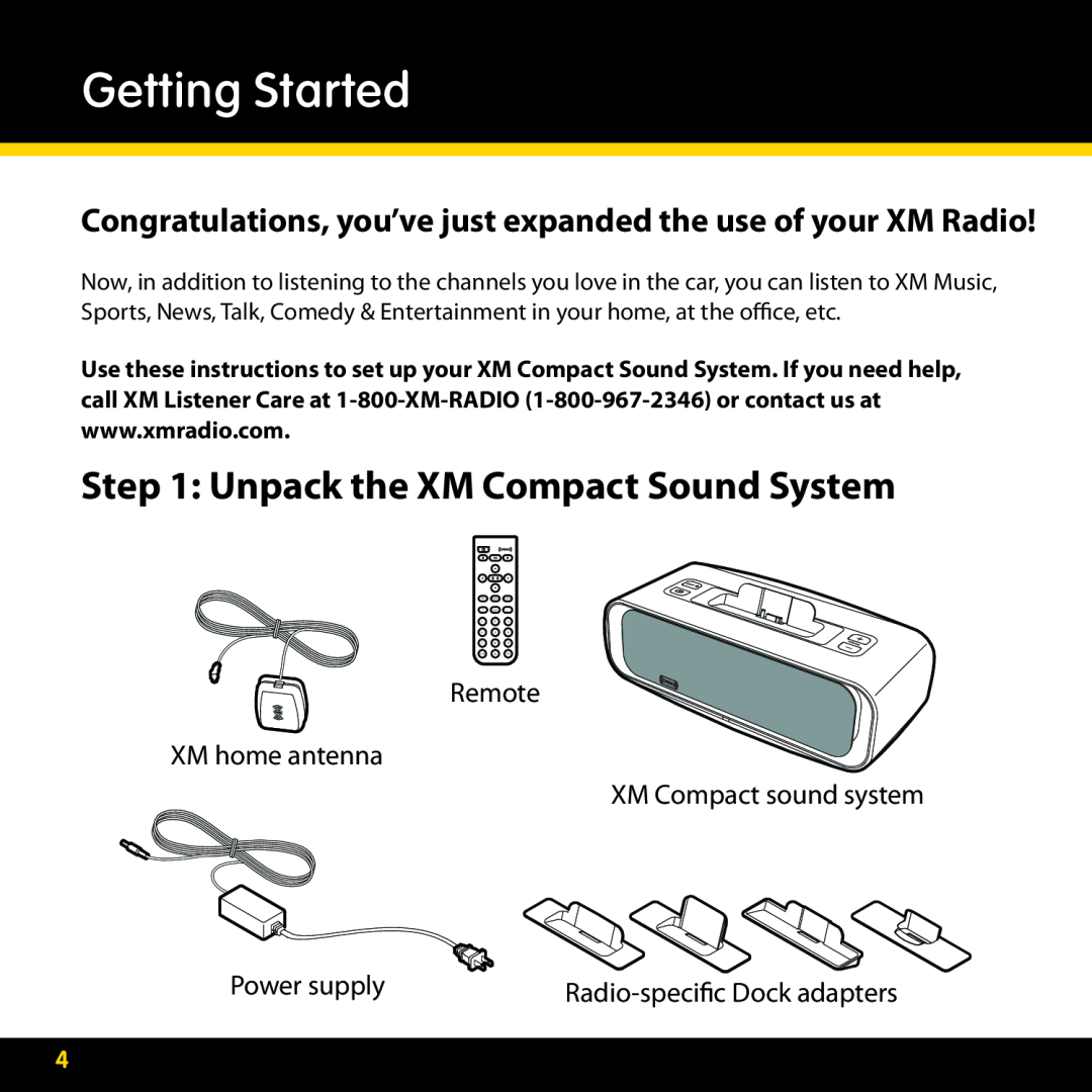 Audiovox XMAS100-UG002 manual Getting Started, Unpack the XM Compact Sound System, 1 2 4 