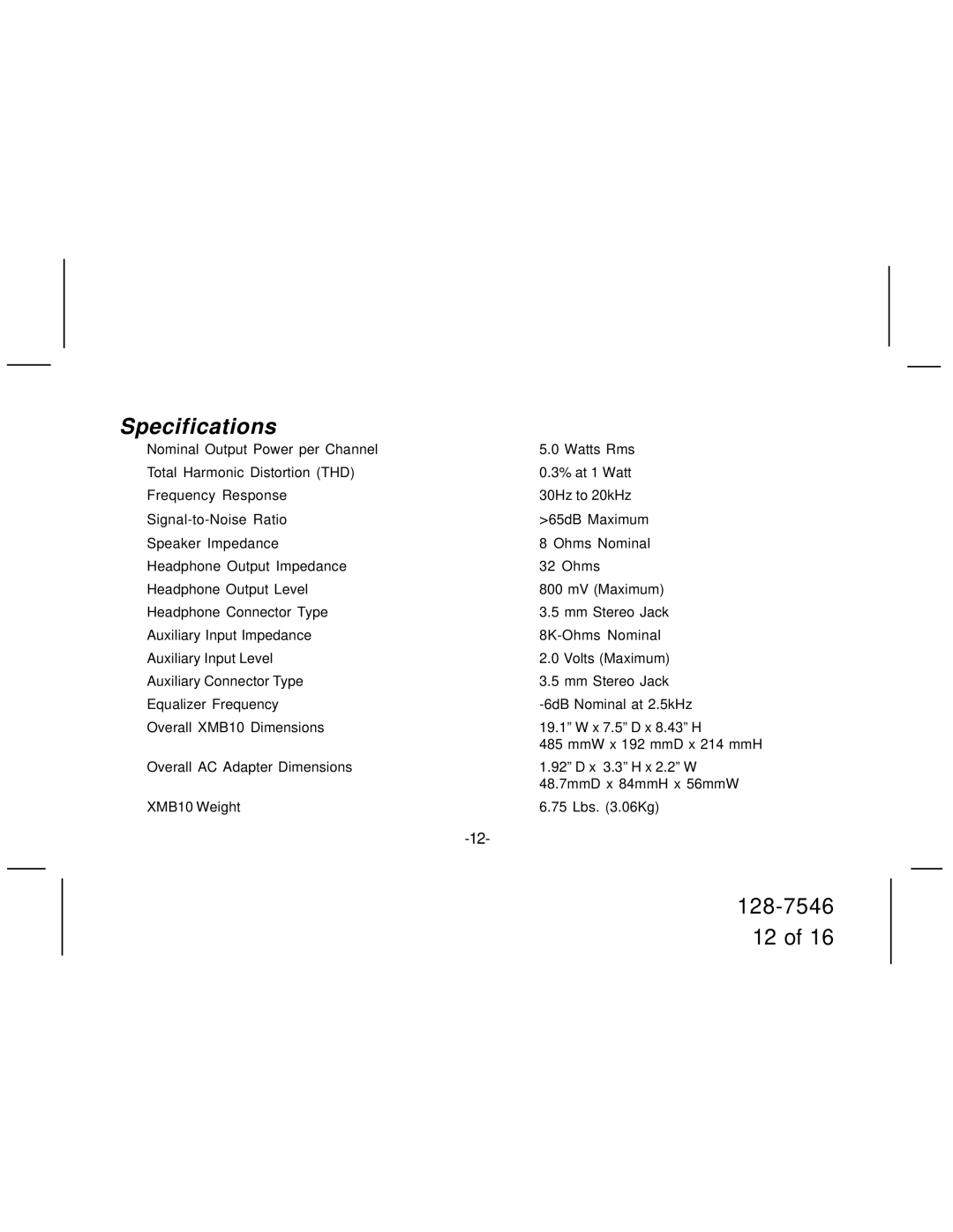 Audiovox XMB10 manual Specifications 