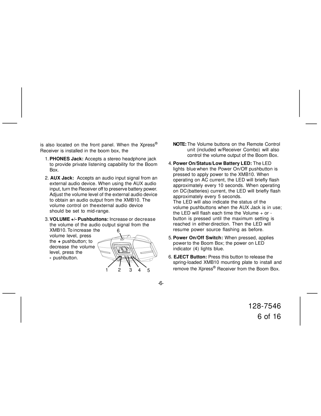 Audiovox XMB10 manual Volume +/- Pushbuttons Increase or decrease 