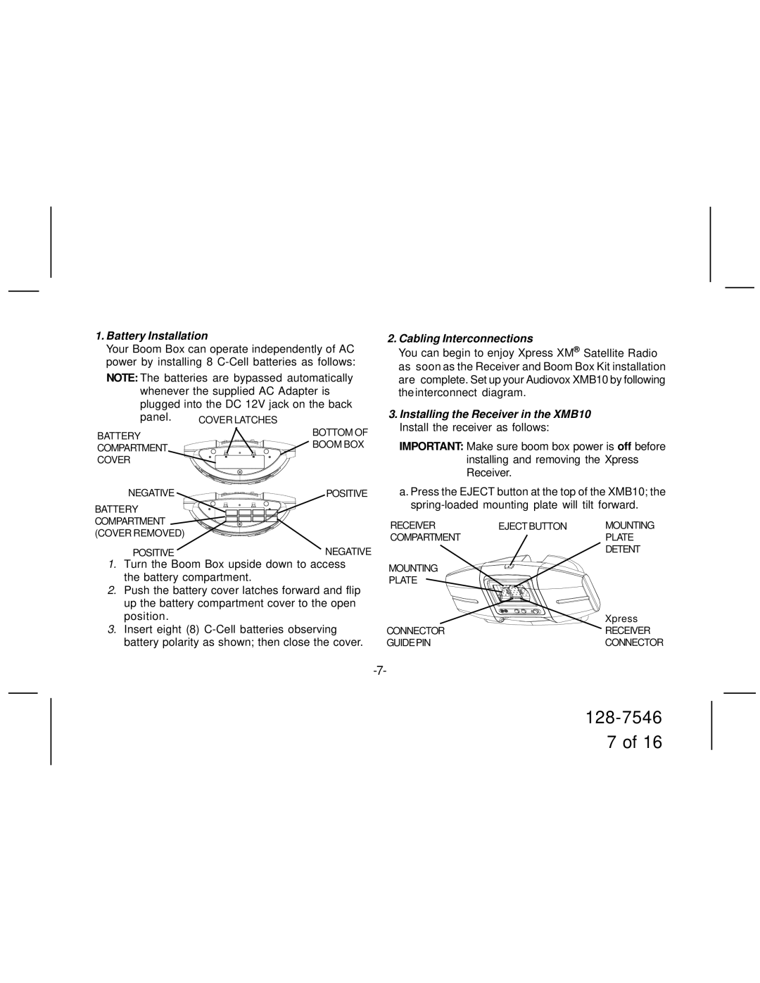 Audiovox XMB10 manual Battery Installation, Cabling Interconnections 