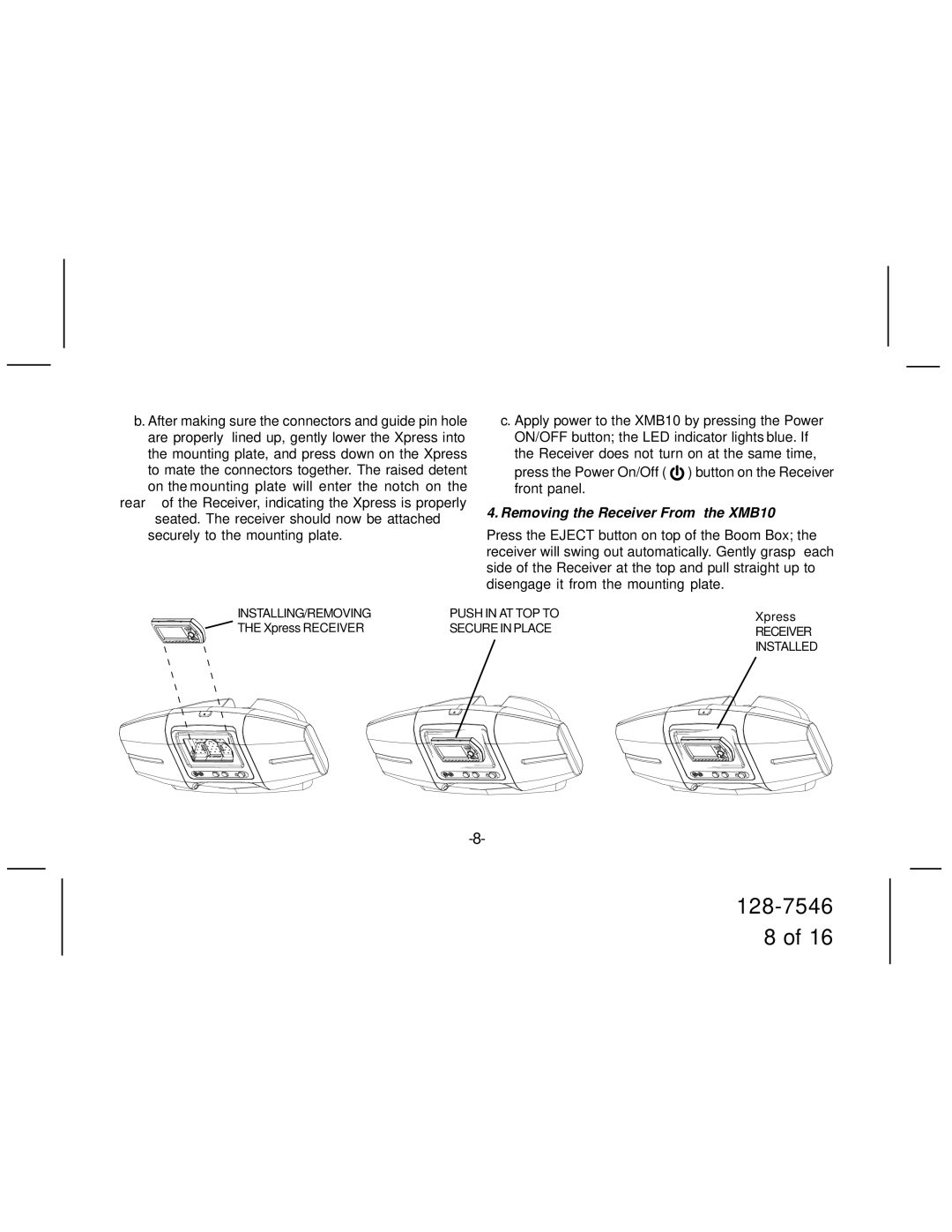 Audiovox manual Removing the Receiver From the XMB10 