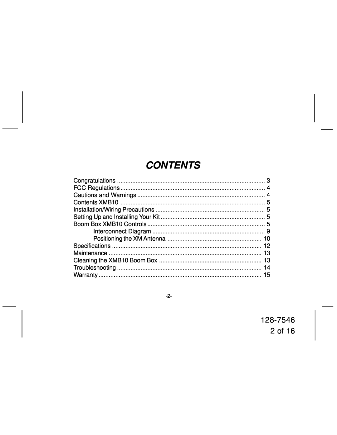 Audiovox XMB10 manual 128-7546 2 of, Contents 