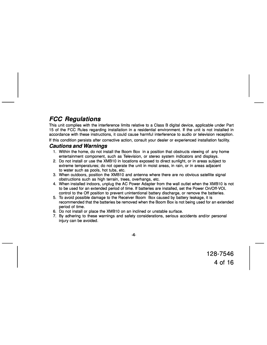 Audiovox XMB10 manual FCC Regulations, 128-7546 4 of, Cautions and Warnings 