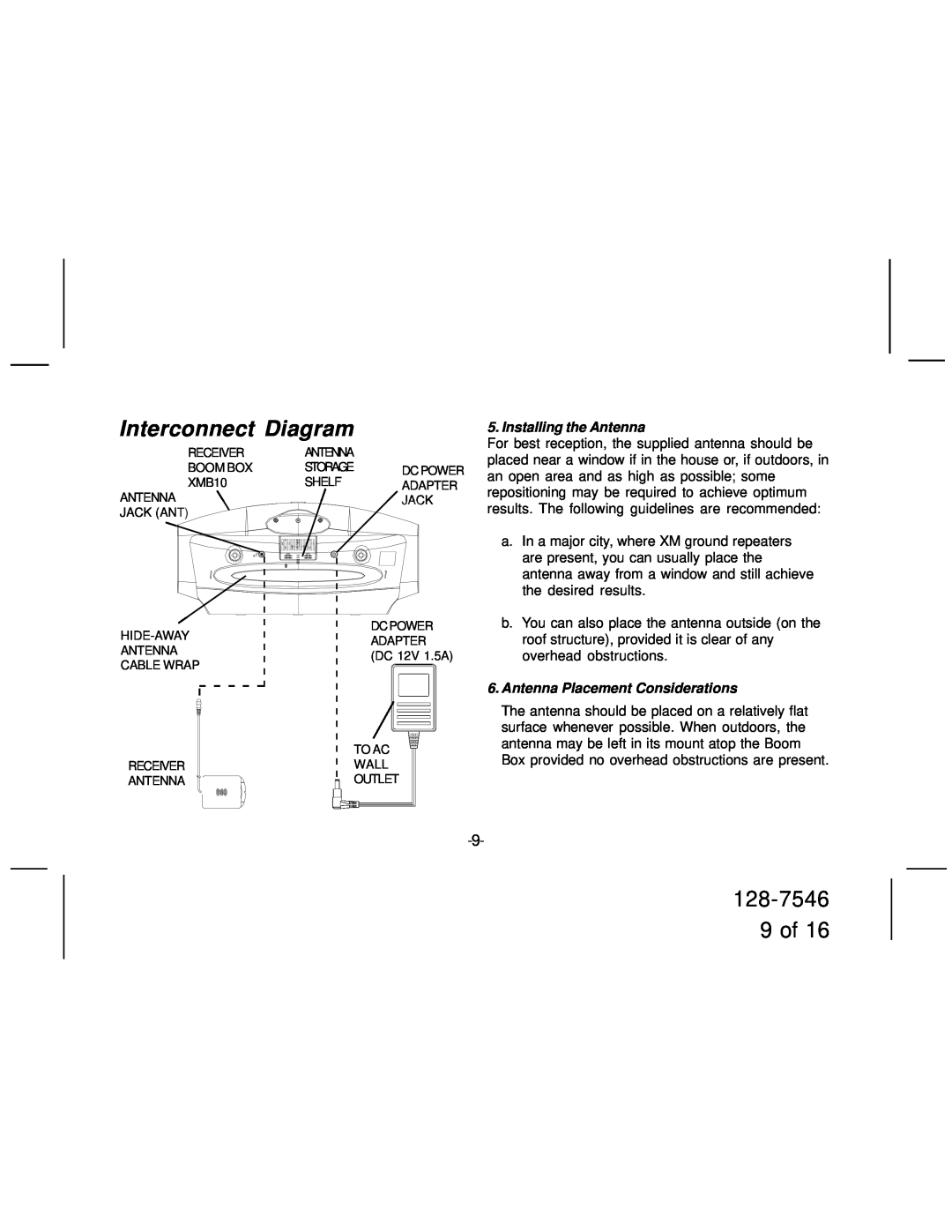 Audiovox XMB10 manual Interconnect Diagram, 128-7546 9 of, Installing the Antenna, Antenna Placement Considerations 