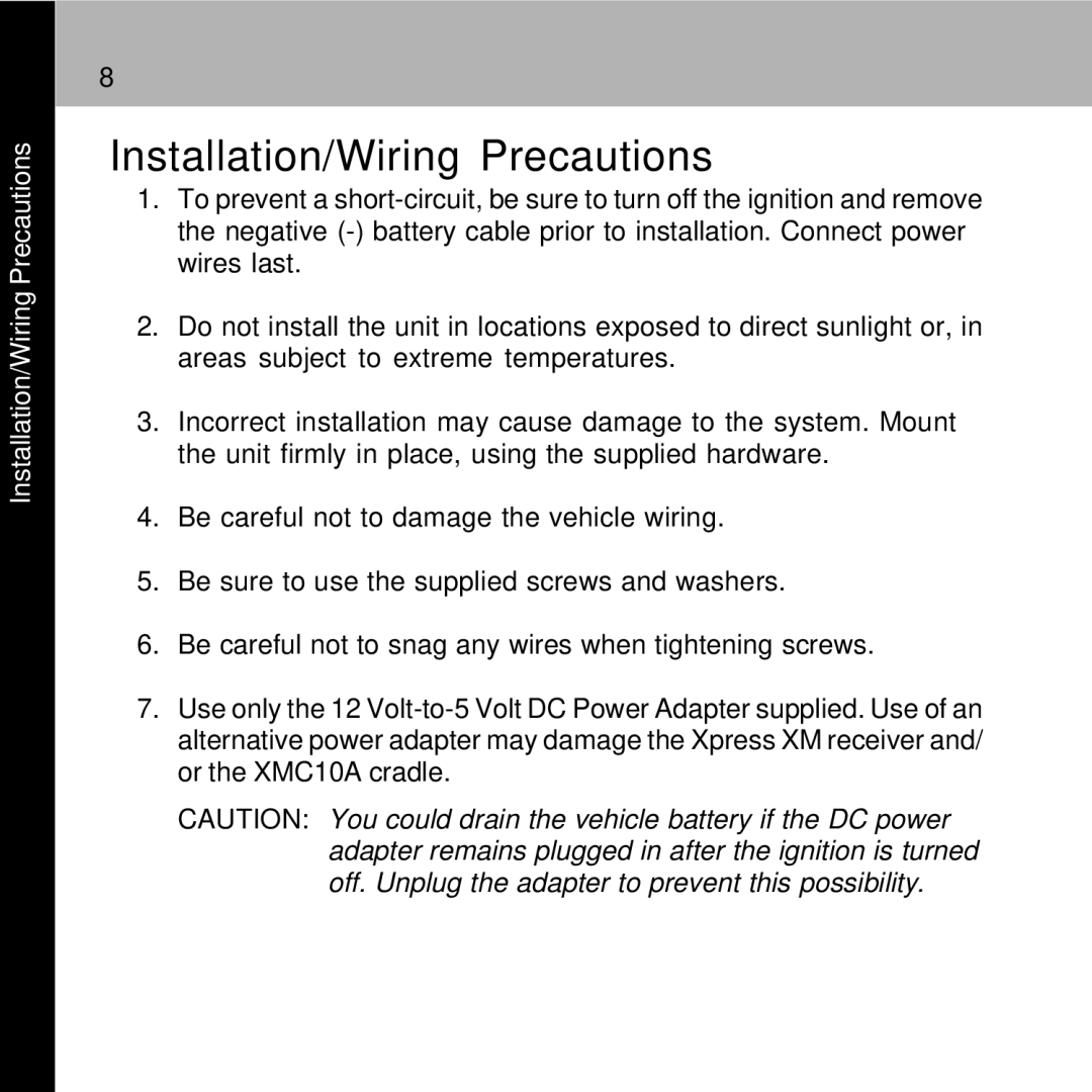 Audiovox XMC-10A manual Installation/Wiring Precautions 