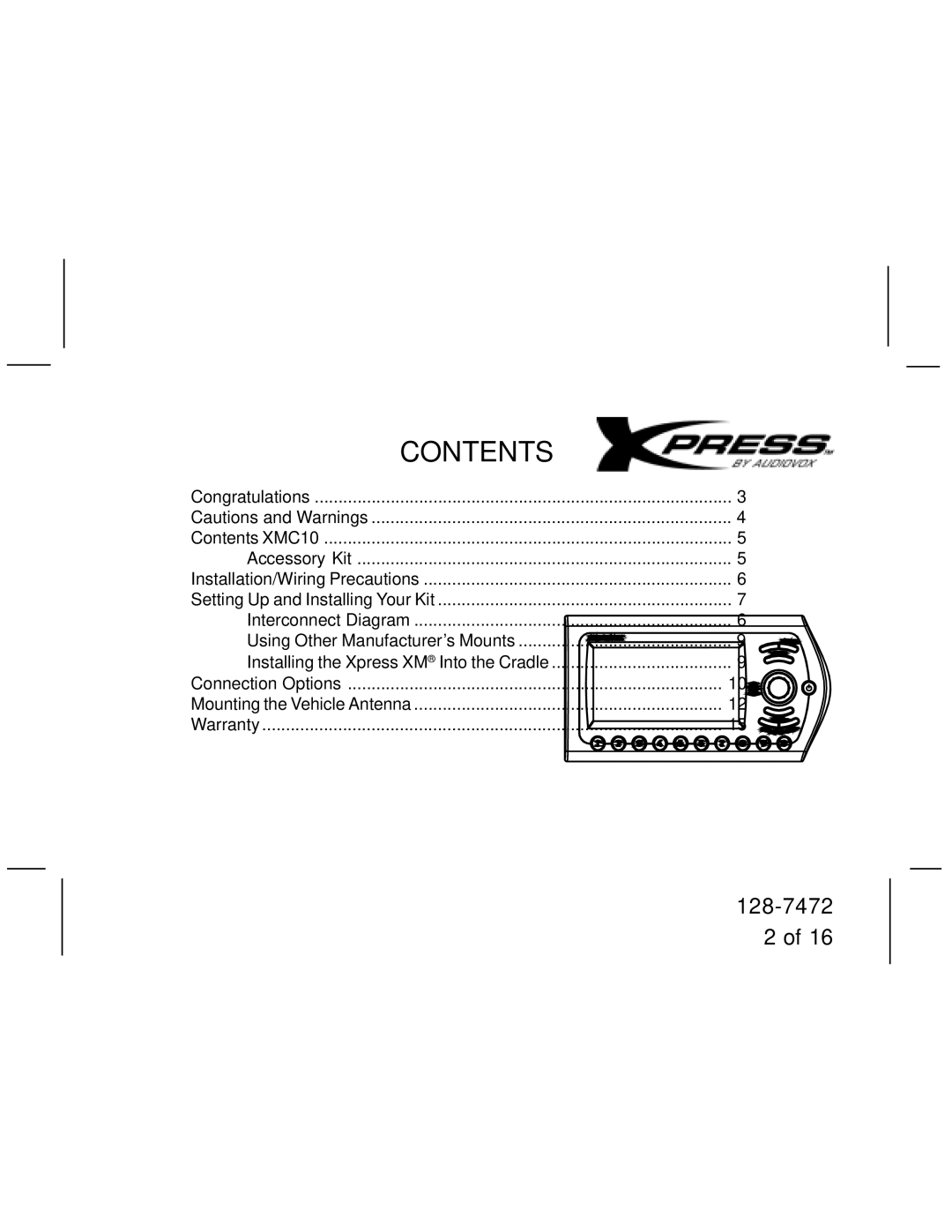 Audiovox XMC10 manual Contents 