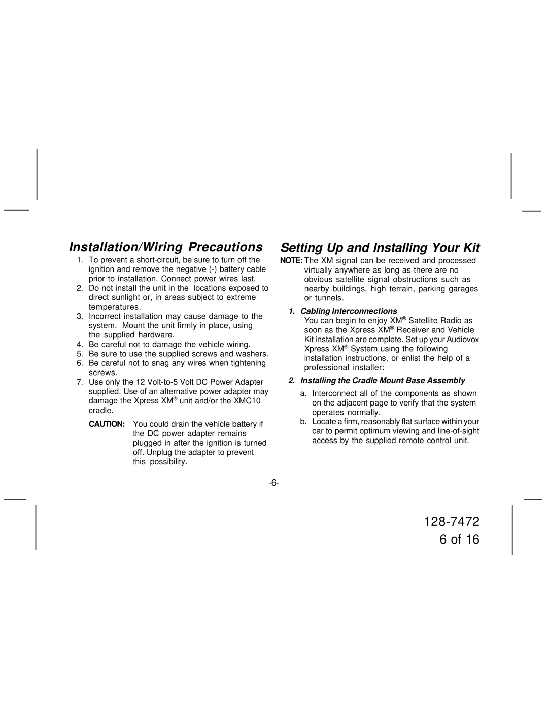 Audiovox XMC10 manual Installation/Wiring Precautions, Setting Up and Installing Your Kit, Cabling Interconnections 