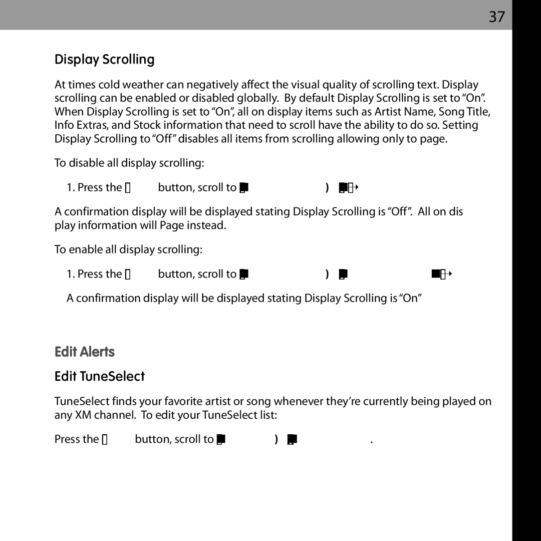 Audiovox XMCK-20P manual Display Scrolling, Edit Alerts, Edit TuneSelect 