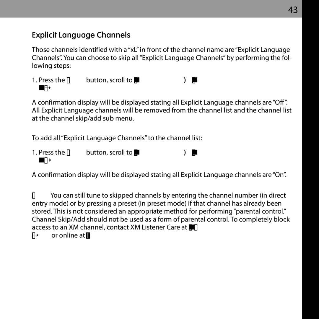 Audiovox XMCK-20P manual Explicit Language Channels, Lowing steps 