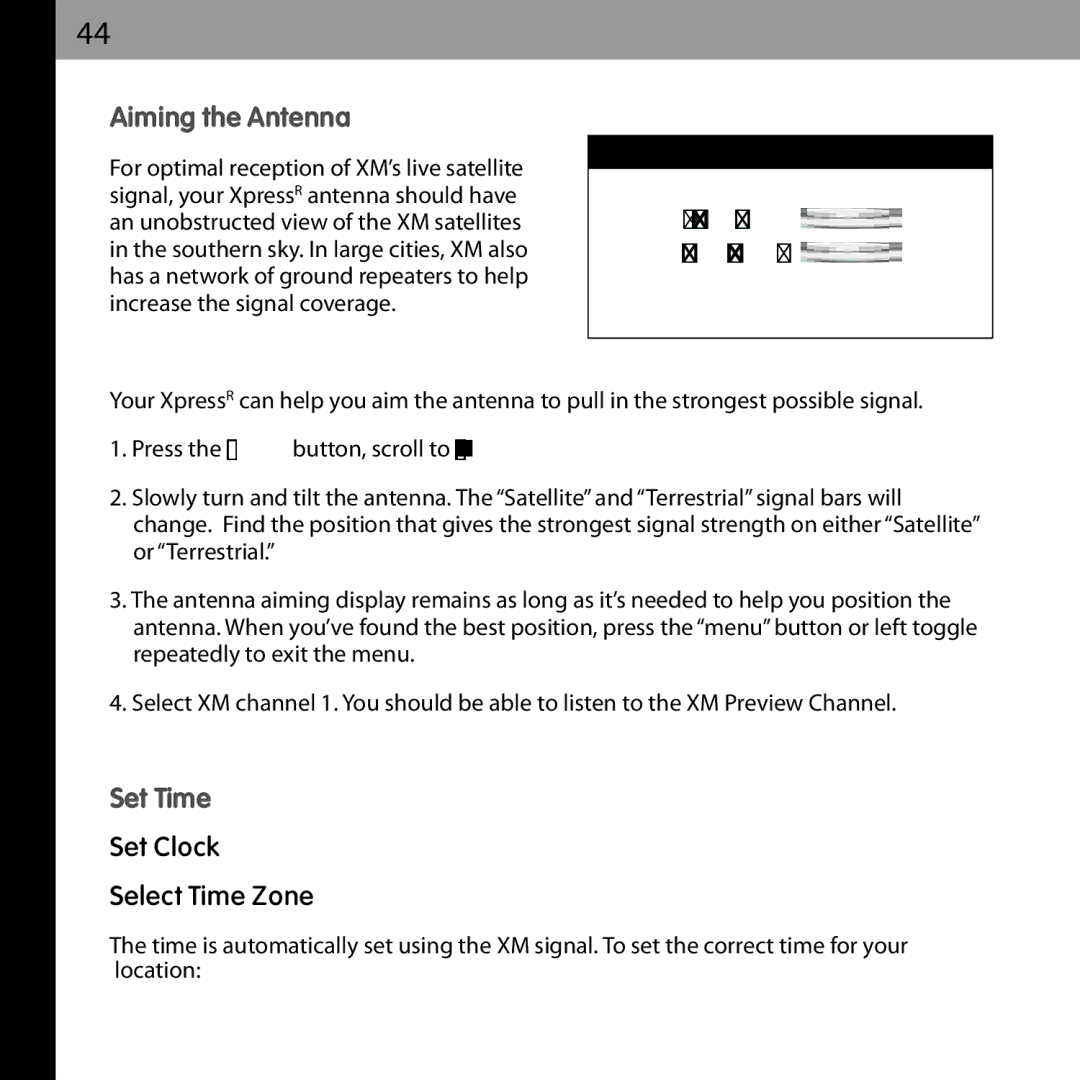Audiovox XMCK-20P manual Aiming the Antenna, Antenna Aiming, Set Time, Set Clock Select Time Zone 