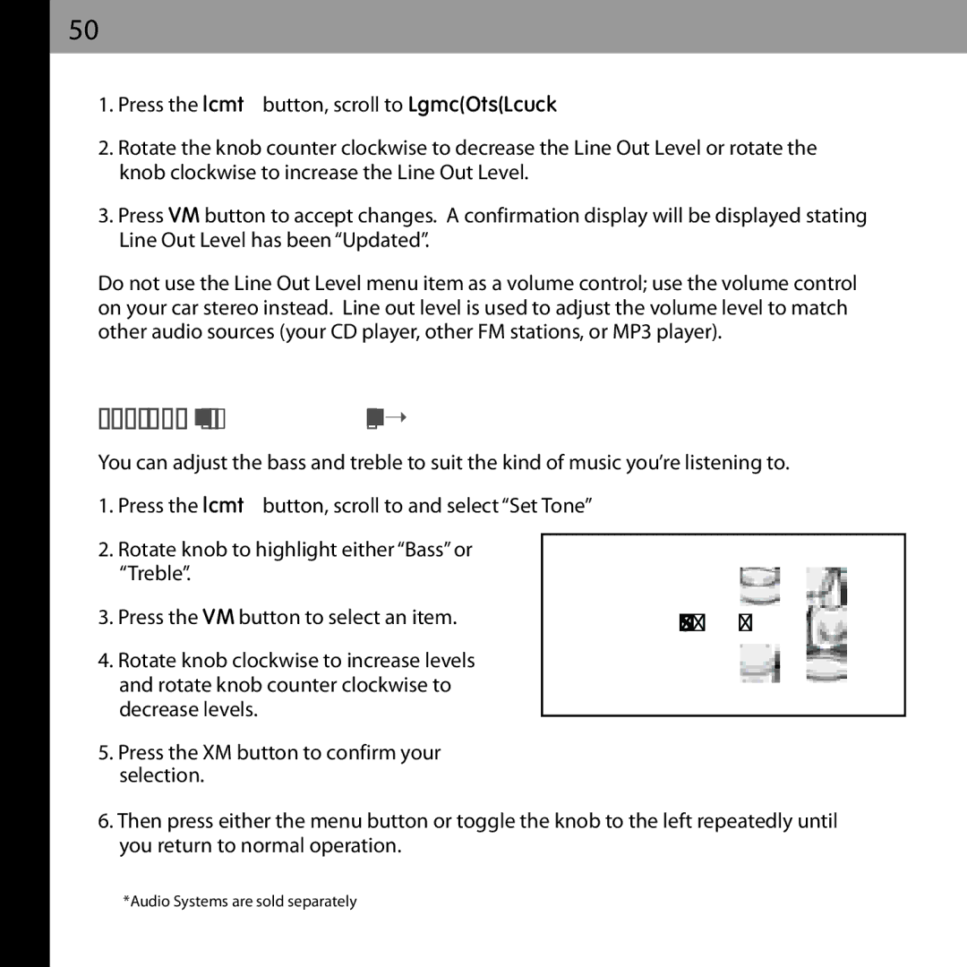 Audiovox XMCK-20P manual Set Tone Audio system option 