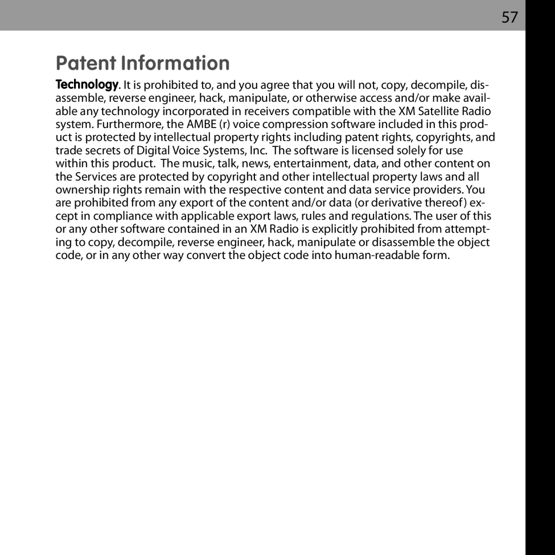 Audiovox XMCK-20P manual Patent Information 