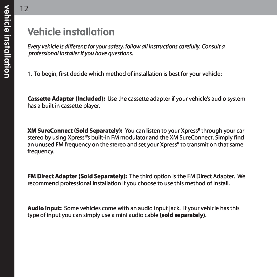 Audiovox XMCK-20P manual Vehicle installation, vehicle installation 