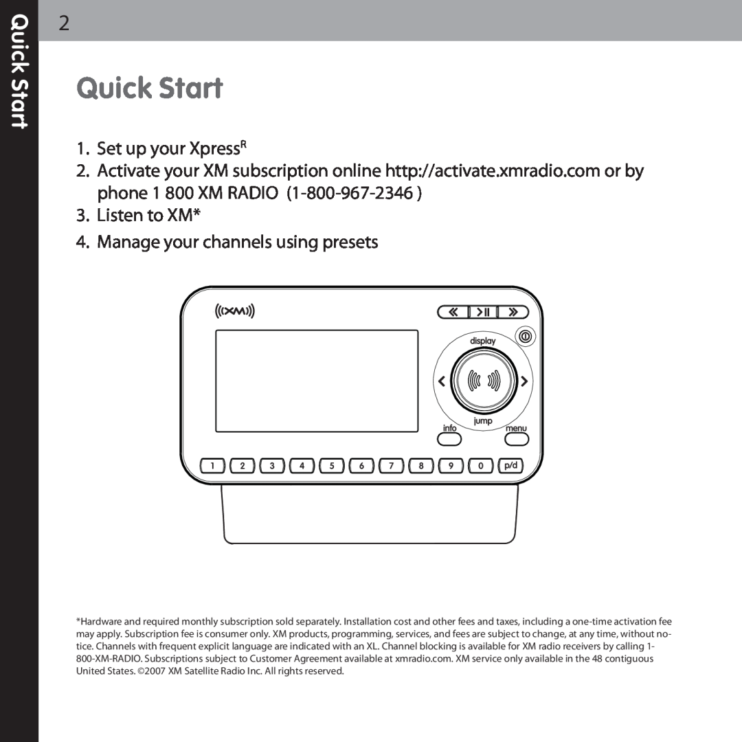 Audiovox XMCK-20P manual Quick Start, Set up your XpressR, Listen to XM, Manage your channels using presets 