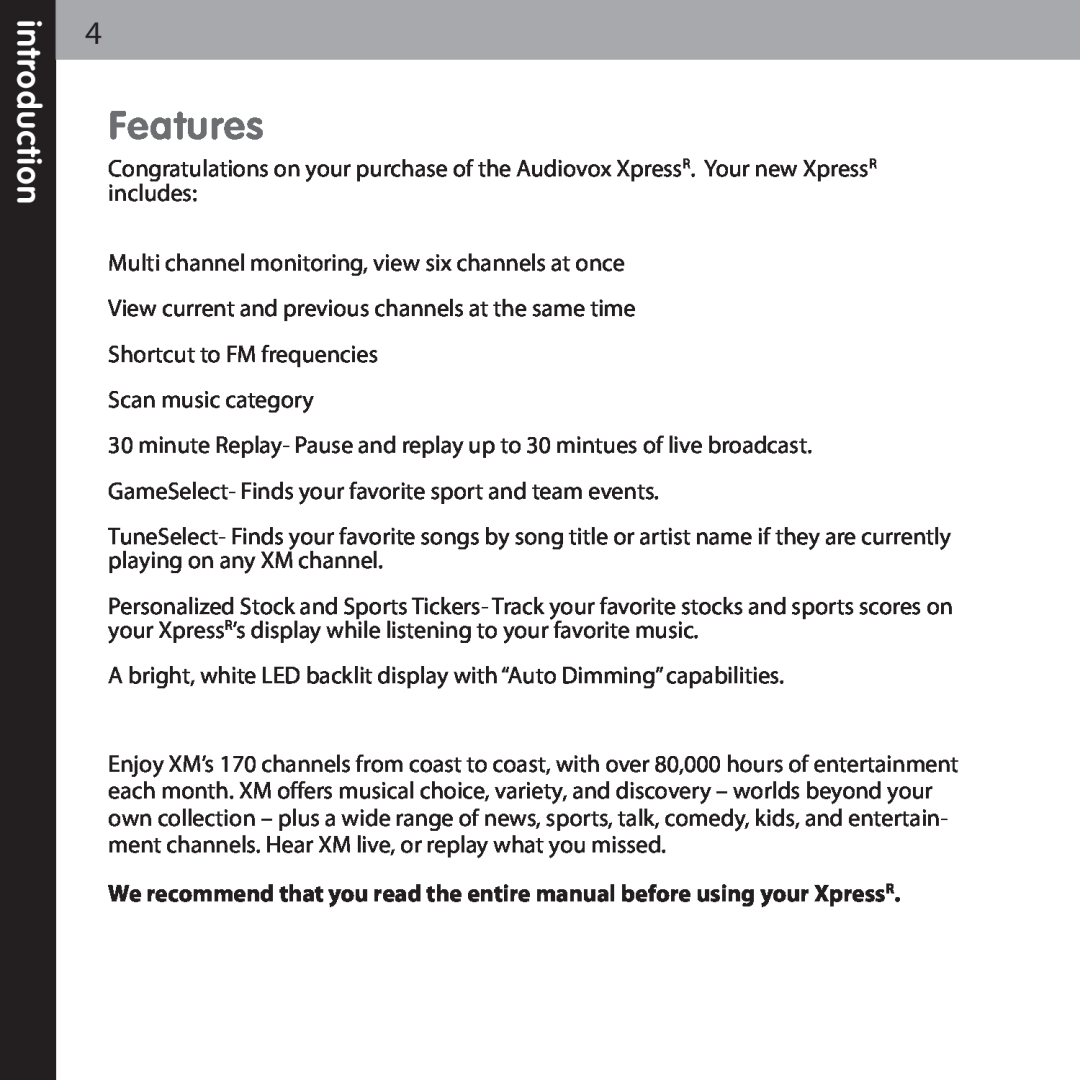 Audiovox XMCK-20P manual Features, introduction 