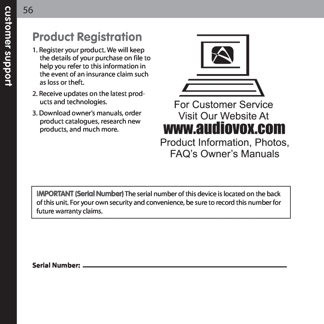Audiovox XMCK-20P manual Product Registration, customer support, Serial Number 
