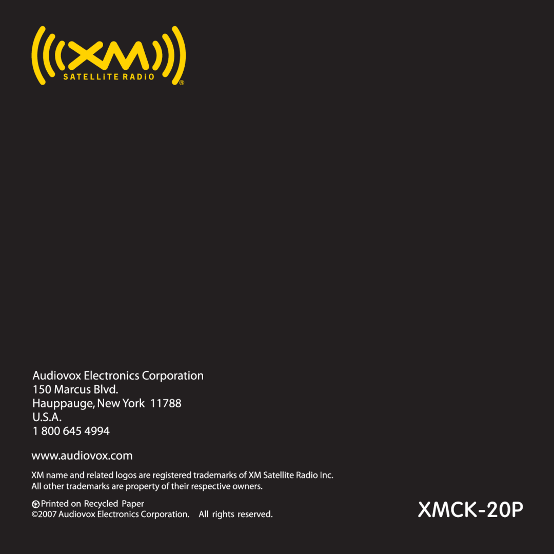 Audiovox XMCK-20P manual 