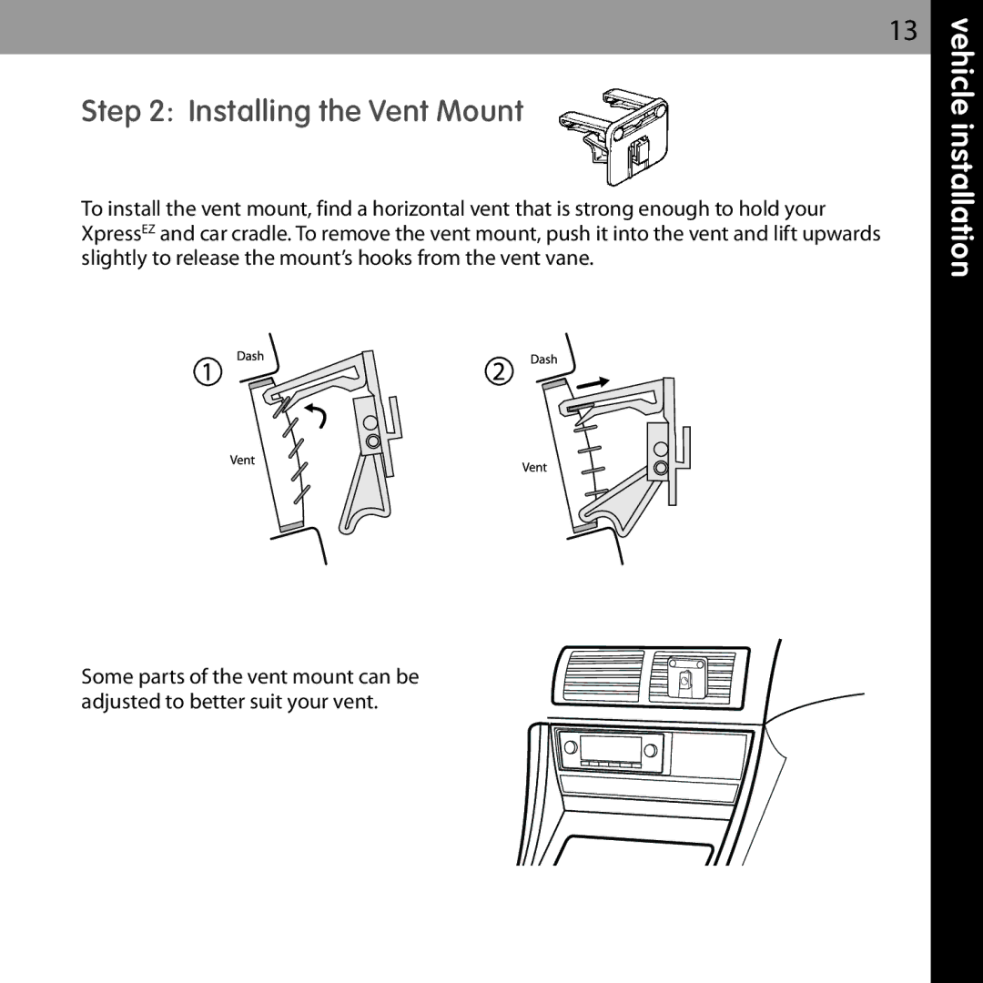 Audiovox XMCK-5P manual Installing the Vent Mount 