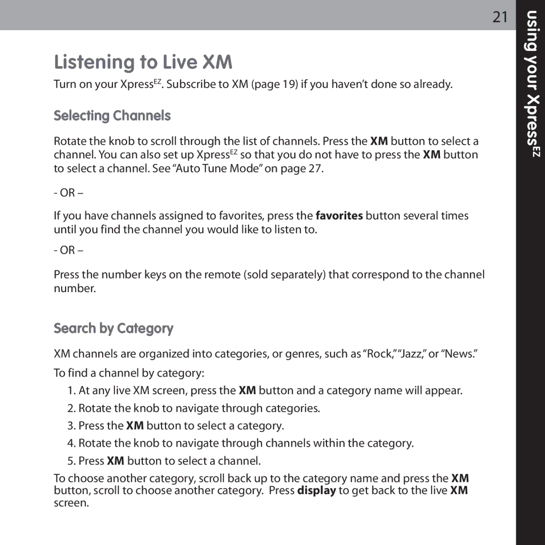 Audiovox XMCK-5P manual Listening to Live XM, Selecting Channels, Search by Category 