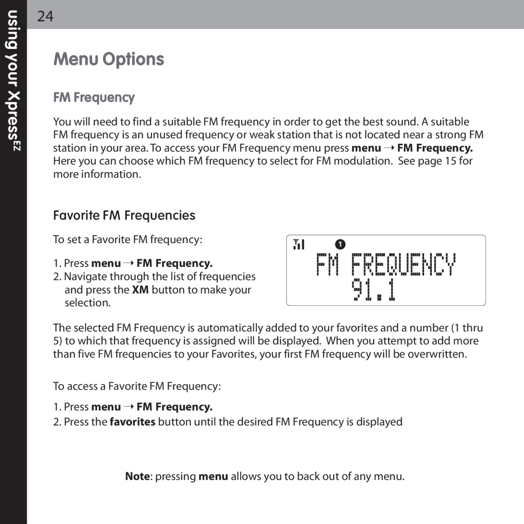 Audiovox XMCK-5P manual Menu Options, FM Frequency 