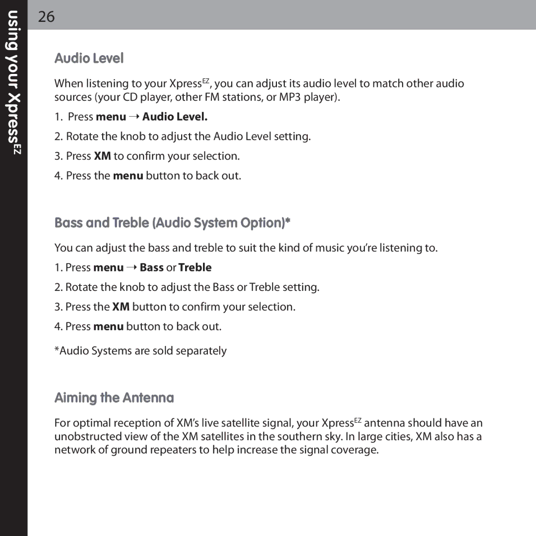 Audiovox XMCK-5P manual Audio Level, Bass and Treble Audio System Option, Aiming the Antenna 
