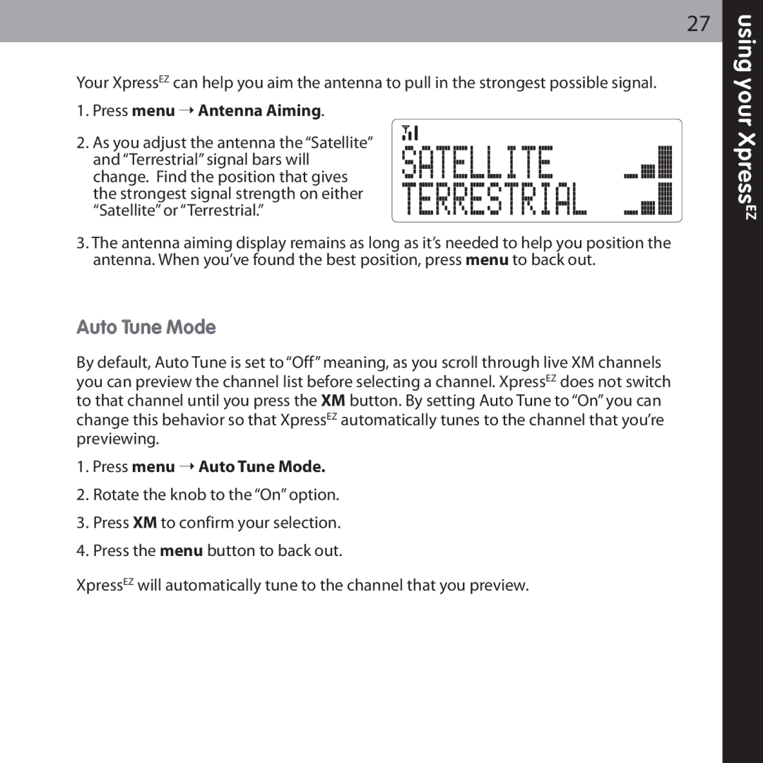 Audiovox XMCK-5P manual Auto Tune Mode, Press menu Antenna Aiming 