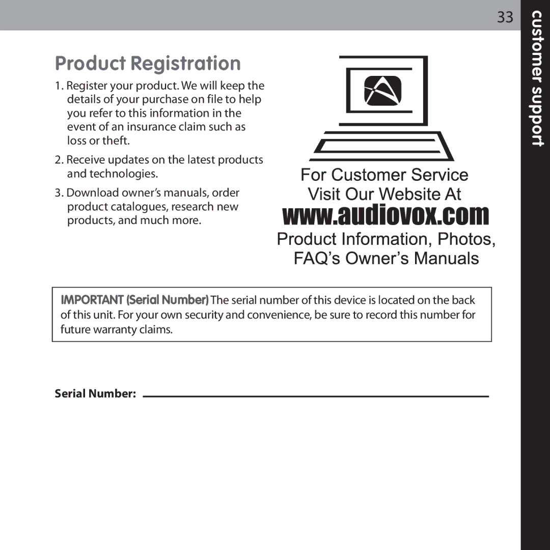 Audiovox XMCK-5P manual Product Registration 