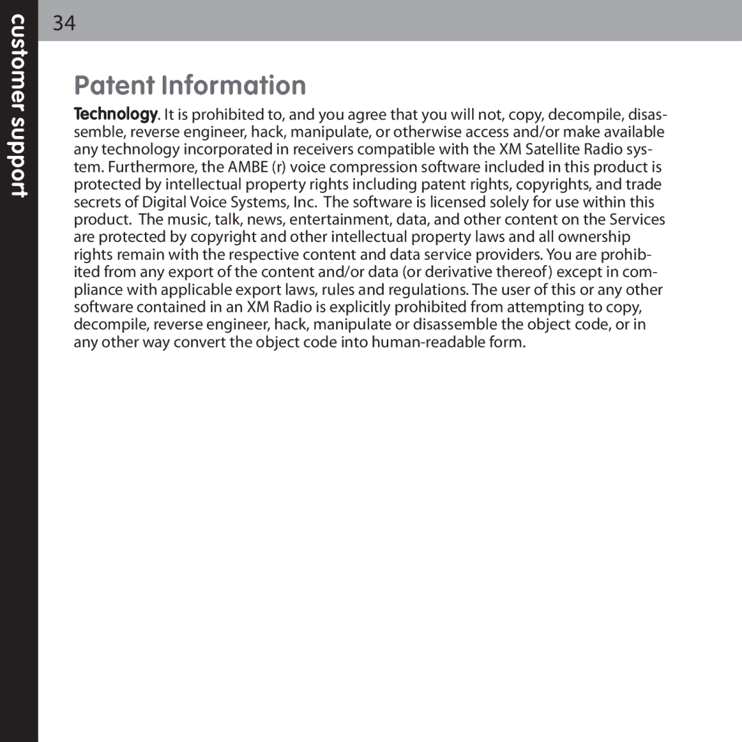 Audiovox XMCK-5P manual Patent Information 