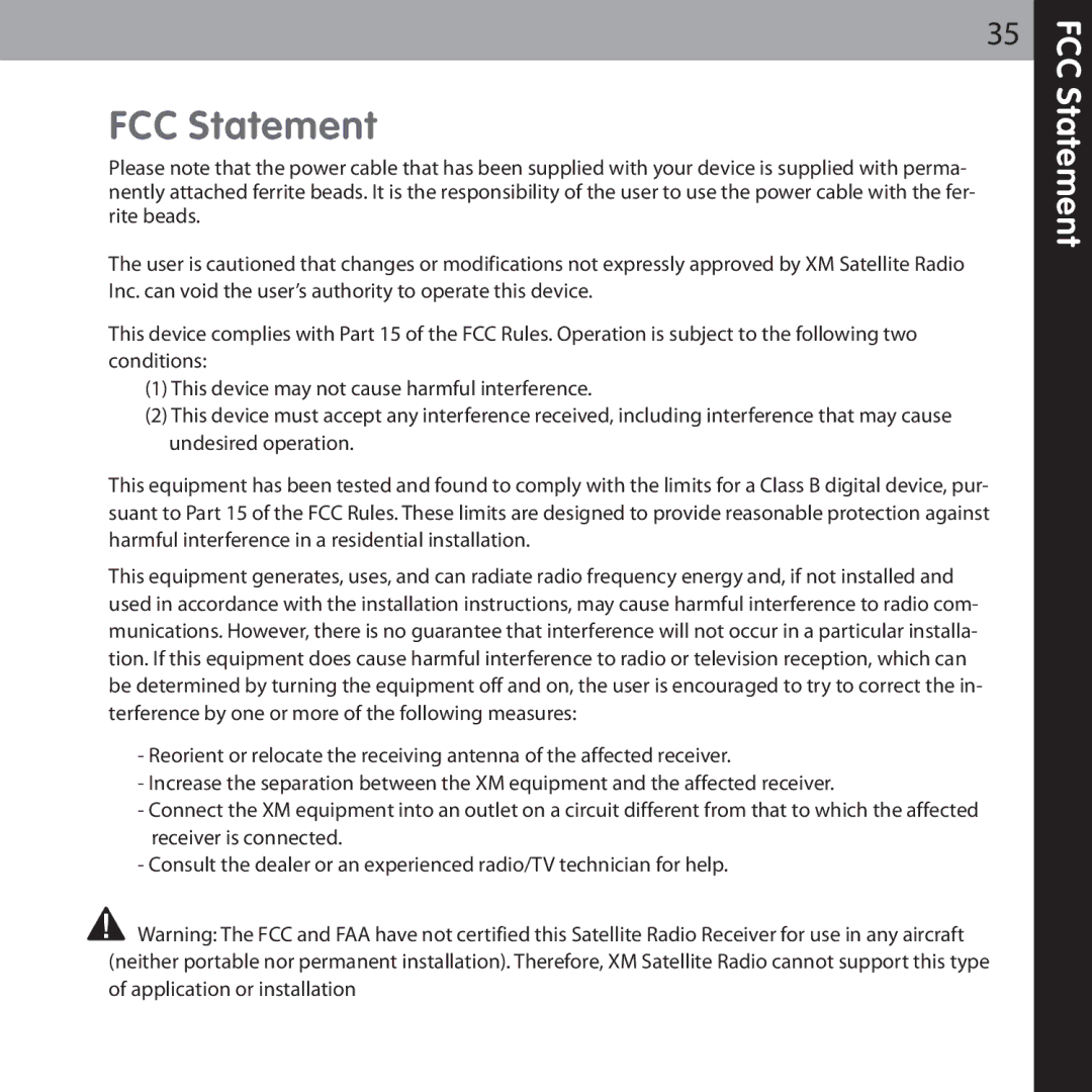 Audiovox XMCK-5P manual FCC Statement 