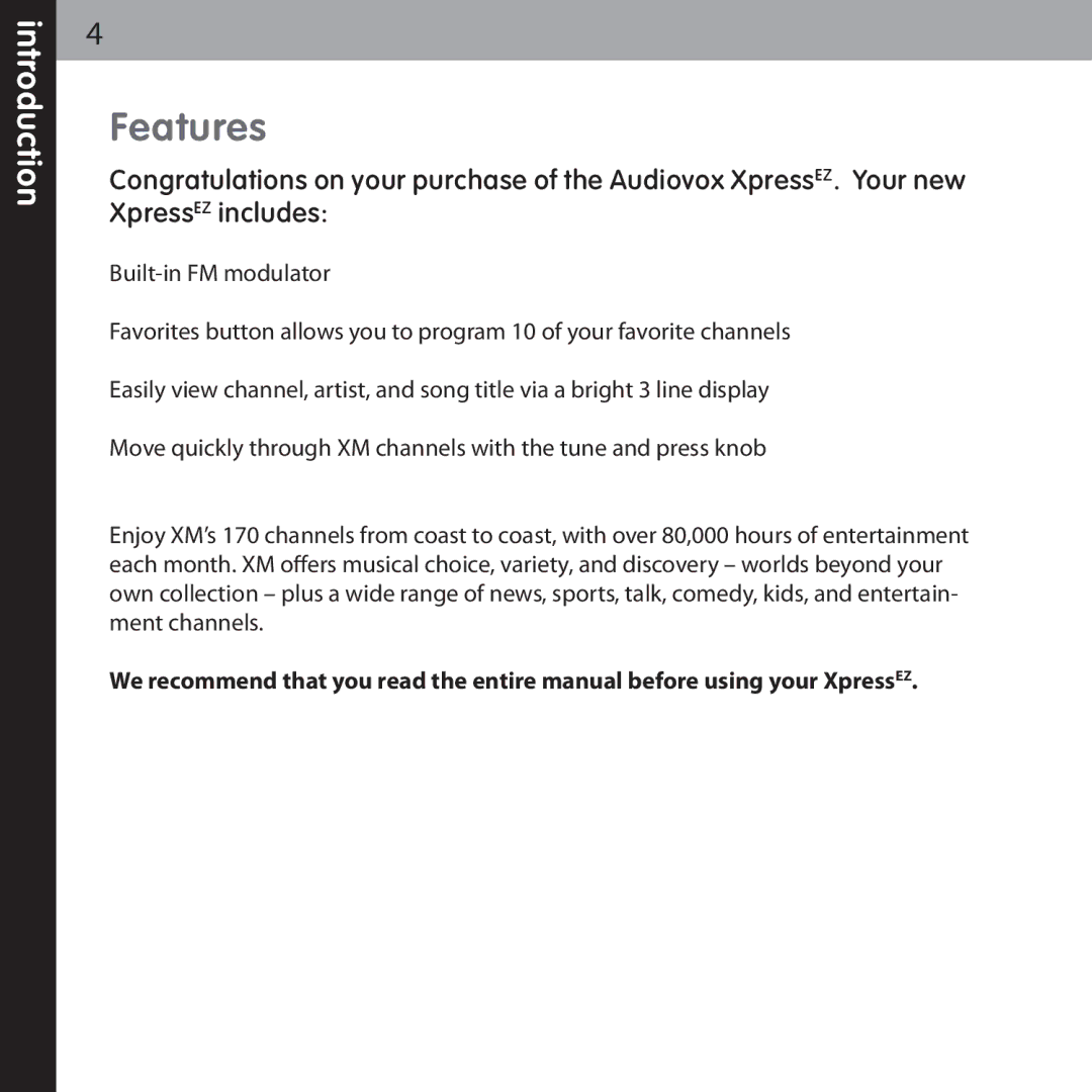 Audiovox XMCK-5P manual Features 