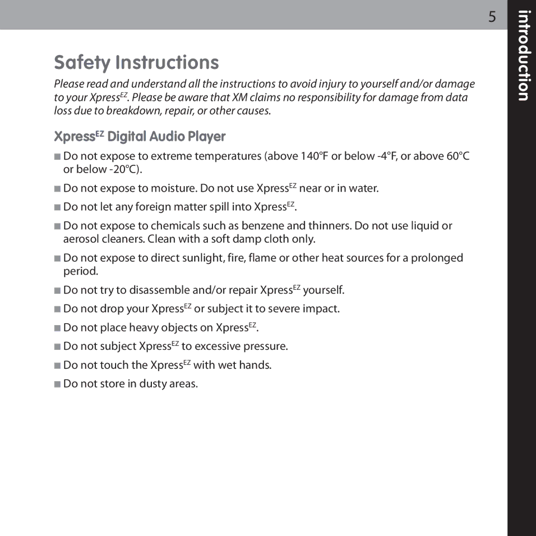 Audiovox XMCK-5P manual Safety Instructions, XpressEZ Digital Audio Player 