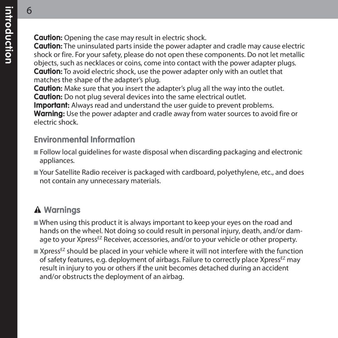 Audiovox XMCK-5P manual Environmental Information 