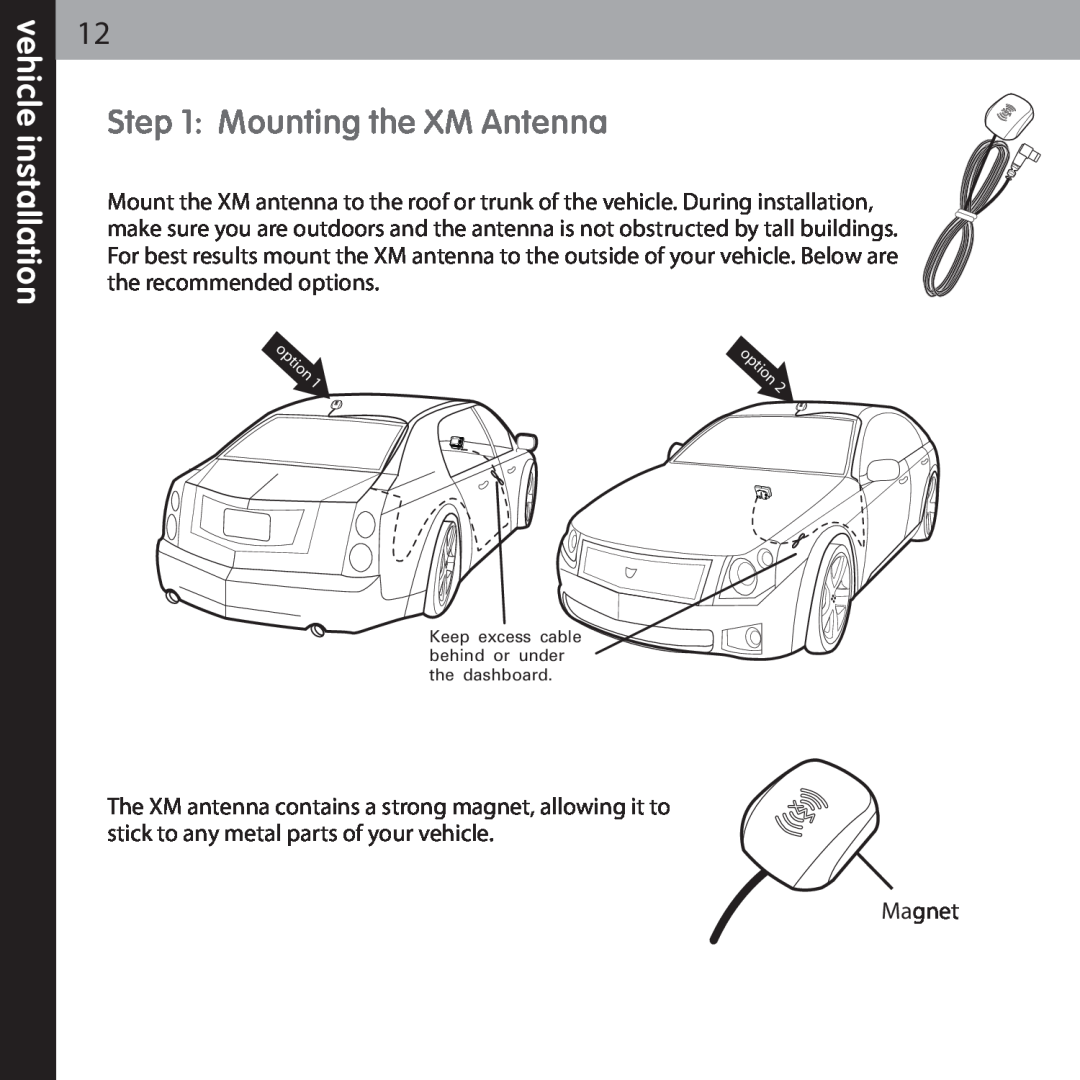 Audiovox XMCK-5P manual Mounting the XM Antenna, vehicle installation 
