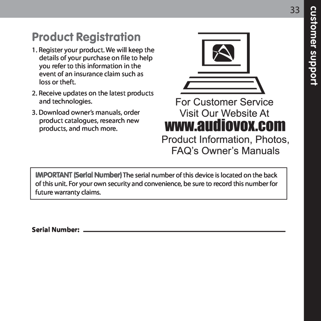 Audiovox XMCK-5P manual Product Registration, Serial Number 