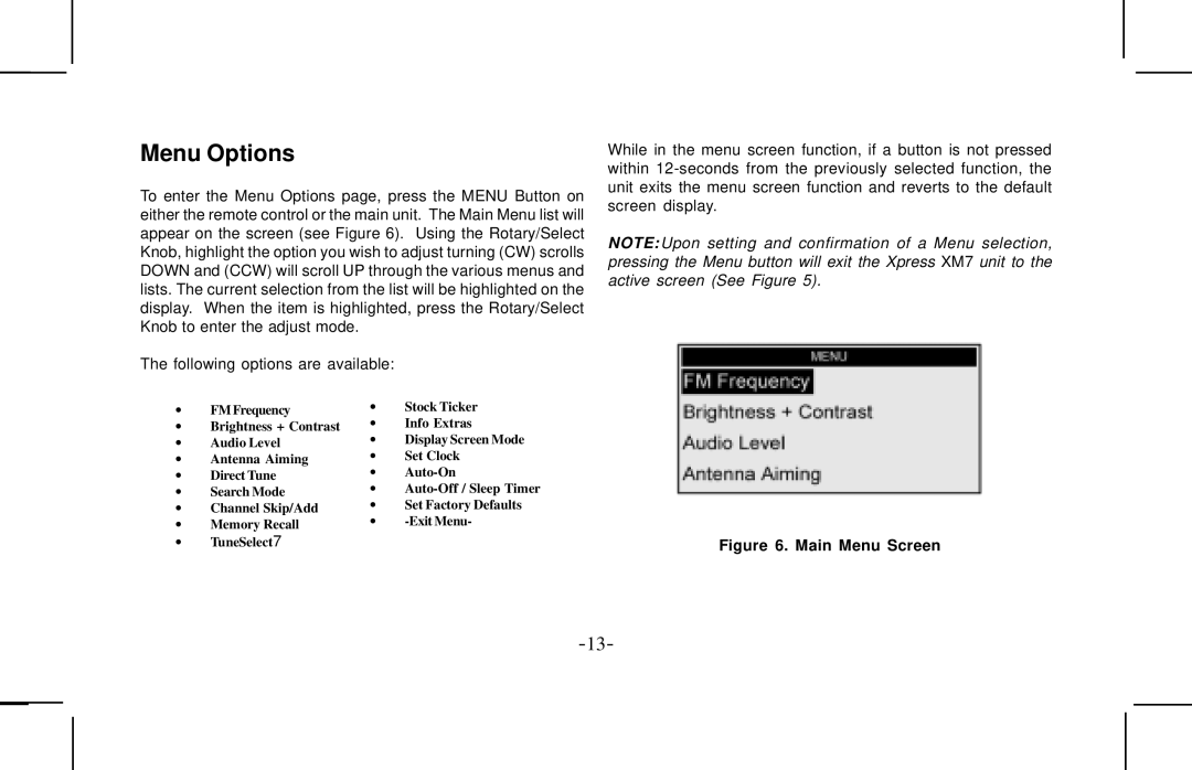 Audiovox XMCK10AP manual Menu Options, Main Menu Screen 