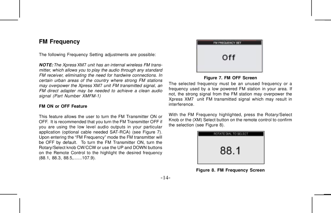 Audiovox XMCK10AP manual FM Frequency, FM on or OFF Feature 