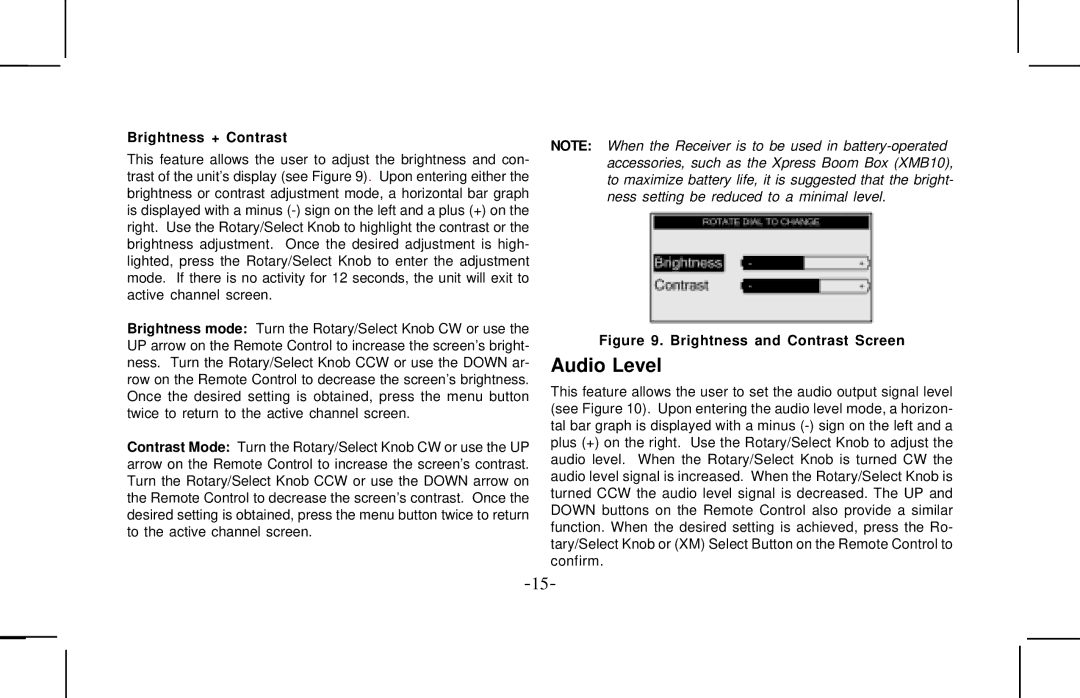 Audiovox XMCK10AP manual Audio Level, Brightness + Contrast 