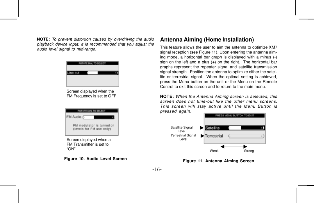 Audiovox XMCK10AP manual Antenna Aiming Home Installation, Audio Level Screen 